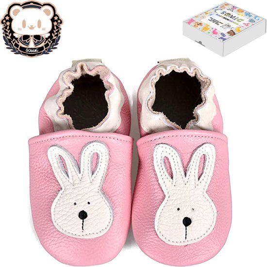 Somic Babyschoenen Jongens Leer - Baby Schoenen Meisjes Zachte Zool - Babyschoentjes Meisje Flexibele Zool - Antislip Eerste Loopschoentjes -Zachte Leren - maat M – 6-12 maanden - 12 cm - Roze Konijn