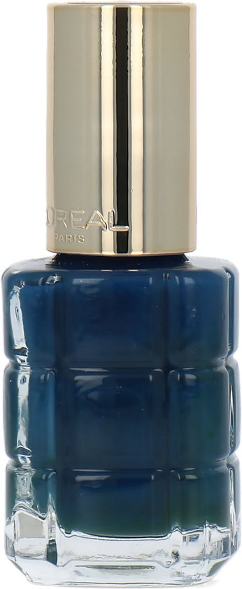 L'Oréal Color Riche Nagellak B28 Blue Hue in een glazen flesje met gouden dop.