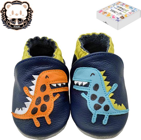 Somic - Layette bébé complète - chaussons bébé - Chaussons bébé antidérapants - premières chaussures de marche - Cuir souple - Garçons et filles - taille L –12-18 mois - 13 cm - Dinosaurus bleu