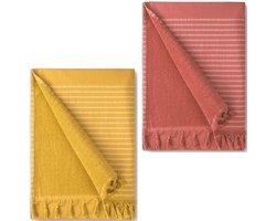 Byrklund Hamamdoek Hammamdoek - Katoen & Badstof - Geel & Koraal - 2 Stuks
