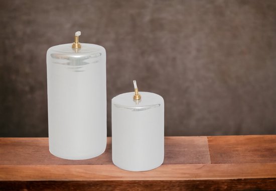 WinQ! - Olielamp cilinder 7,5x10cm en 7,5x13,5cm glas parelmoer wit glanzend - set à 2stuks - Ideale vervanging voor kaarsen incl. lont en trechter — afbeelding 5