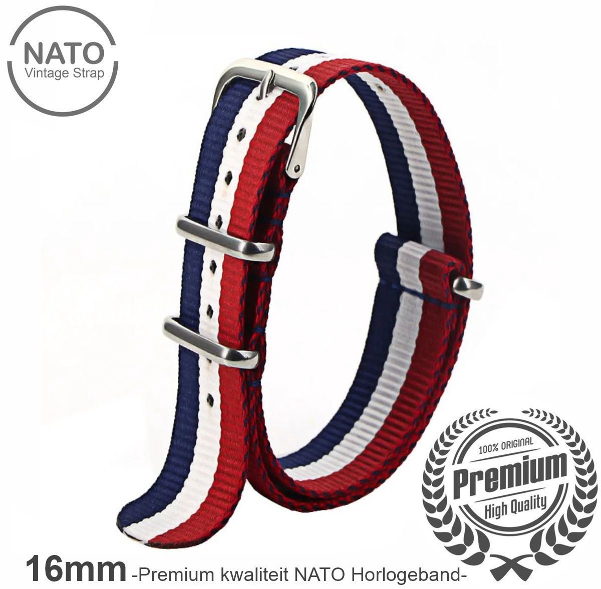 Stijlvolle 16mm Premium Nato Rood wit blauw gestreept Horlogeband: Ontdek de Vintage James Bond Look! Perfect voor Mannen, uit onze Exclusieve Nato Strap Collectie!