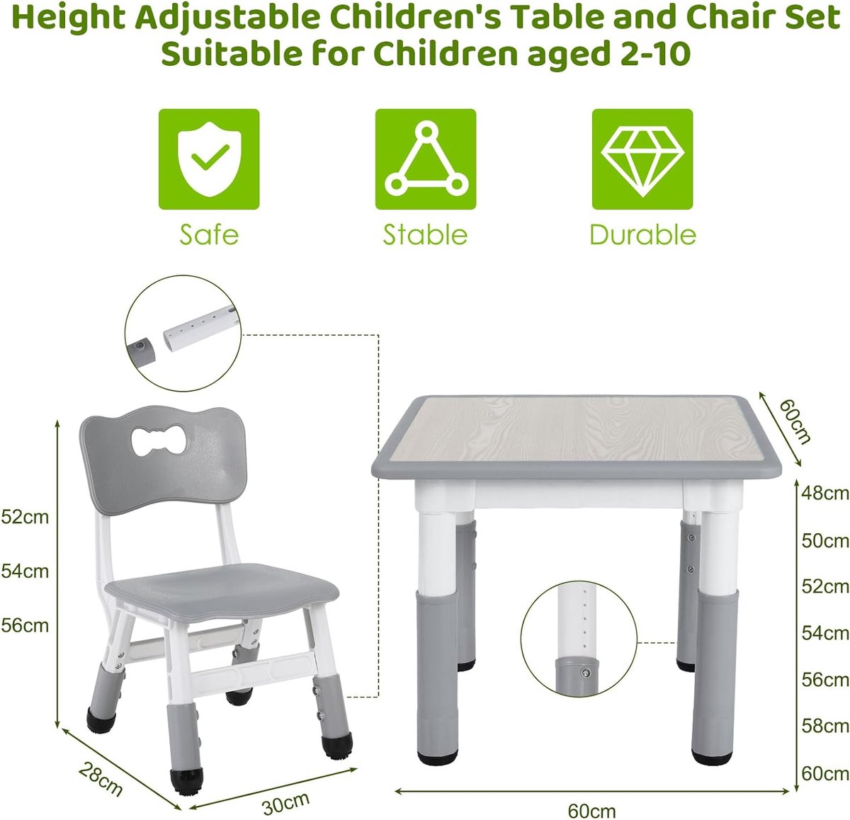 Table pour Enfant avec 4 Chaises, Ensemble de Table pour Enfants réglable  en Hauteur, Meubles en Plastique pour garçons et Filles à partir de 2 Ans
