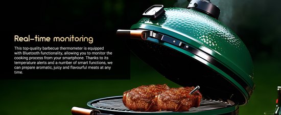 Twee steaks op een groene barbecue, met een thermometer erin, en de tekst 'Real-time monitoring'.