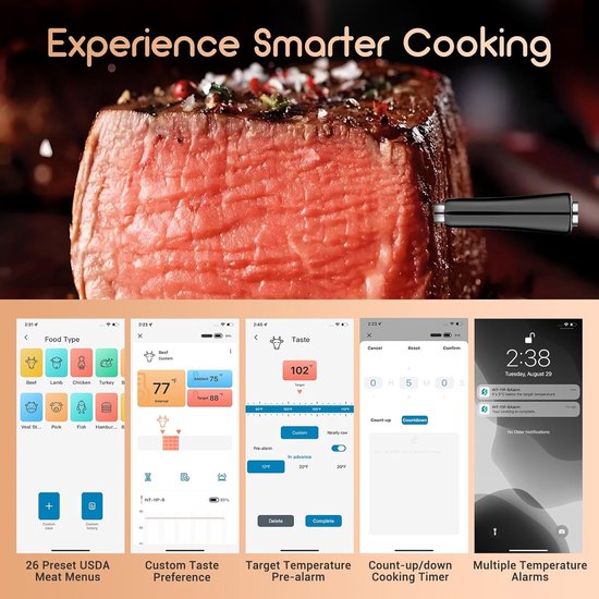 Collage: een sappige biefstuk met thermometer, diverse schermen van de INKBIRD app.