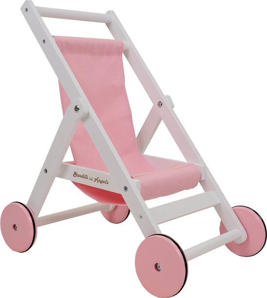 Bandits and Angels poppenbuggy Lovely Pink White - houten poppenbuggy poppenwagen - 2 jaar - roze/wit