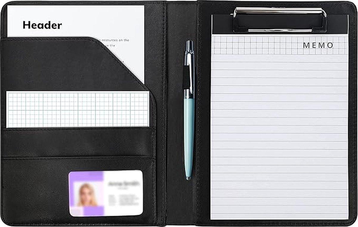 OFFIDIX Portfolio van PU-leer, met omslag, A4-map, portfolio, werk, schrijven, foldover, klembord met cover, conferentiemap, documentenopslag, organizer met schrijfblok, zwart