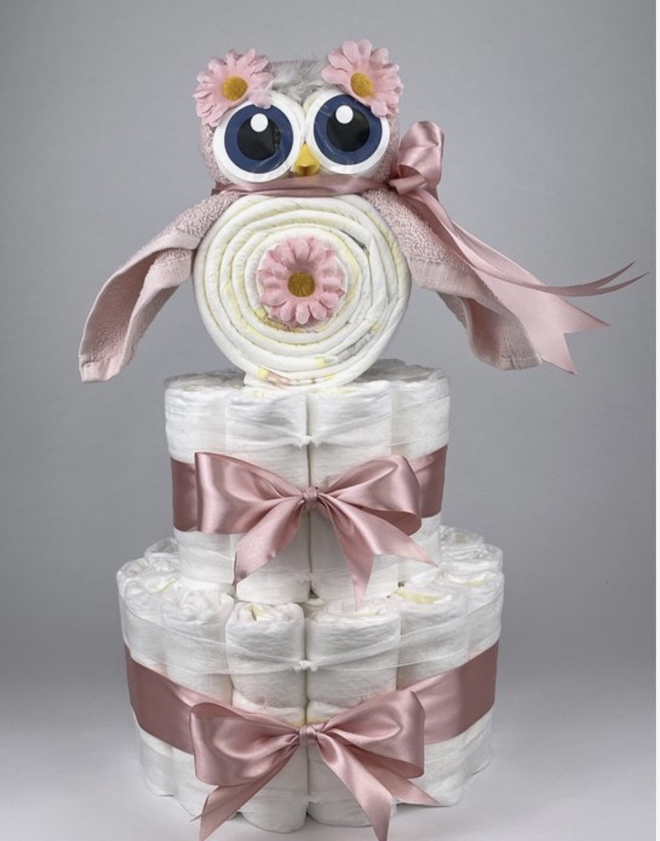 Chouette-Chouette | Luiertaart Meisje | Kraamcadeau | Geboorte Meisje | Babyshower | Uil Blush roze - donker Poeder Roze