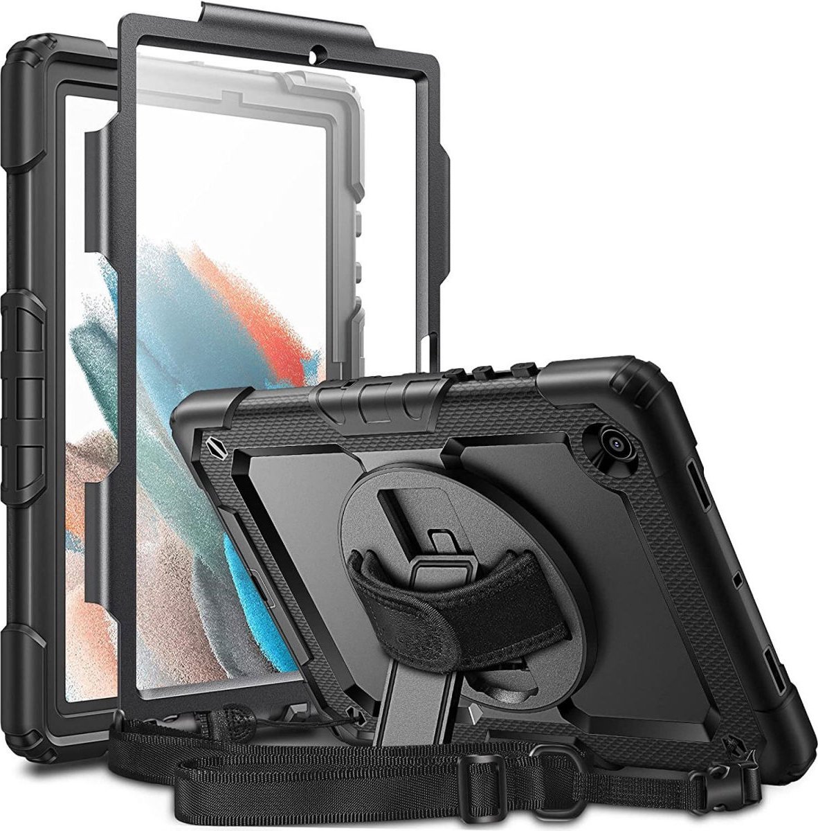 Tablet beschermhoes geschikt voor Samsung Galaxy Tab A8 – Robuust Hardcase – Draagriem Strap – Ingebouwde Screenprotector – met Handriem en Standaard – Hoes – Cover | Zwart
