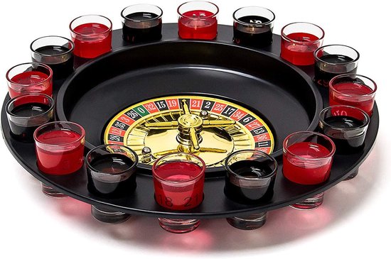 Roulette drinkspel, partyspel met draaiknop, borrelglazen & ballen, roulettespel voor feestjes, rood/zwart