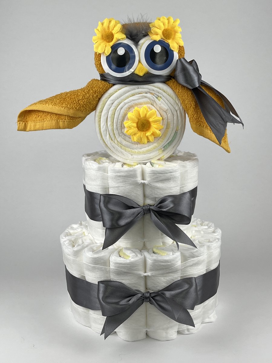 Goedkoopste Chouette-Chouette | Luiertaart Neutraal | Kraamcadeau | Geboorte Jongen Meisje | Babyshower | Uil Oker - donker Grijs