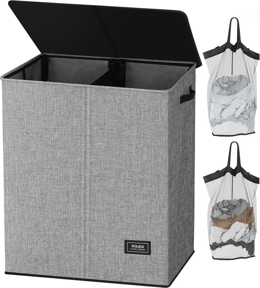 Goedkoopste 145L Wasmand, Wasmand, 2 Compartimenten met Deksel en 2 Waszakken, Grote XXXL Was Sorteerder voor Badkamer, Slaapkamer, Wasruimte, Kinderkamer, 2 x 72.5 L, Grijs