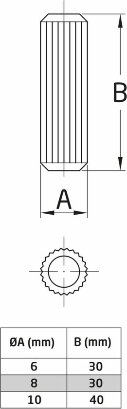 Technische tekening van een houten deuvel met afmetingen.