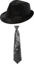 Carnaval verkleed set - hoedje en stropdas - zwart - volwassenen - glitters