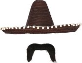 Carnaval verkleed set - Mexicaanse sombrero hoed 45 cm met plaksnor - zwart - heren