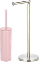 Spirella Ensemble d'accessoires de salle de bain - brosse WC/porte-rouleau WC - métal - rose clair/argent - Look Luxe