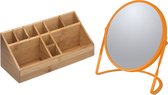 5Five Make-up organizer en spiegel set - 10x vakjes - bamboe/metaal - 5x zoom spiegel - oranje/bruin