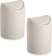 Plasticforte mini prullenbakje - 2x - beige - kunststof - klepdeksel - keuken/aanrecht - 12 x 17 cm