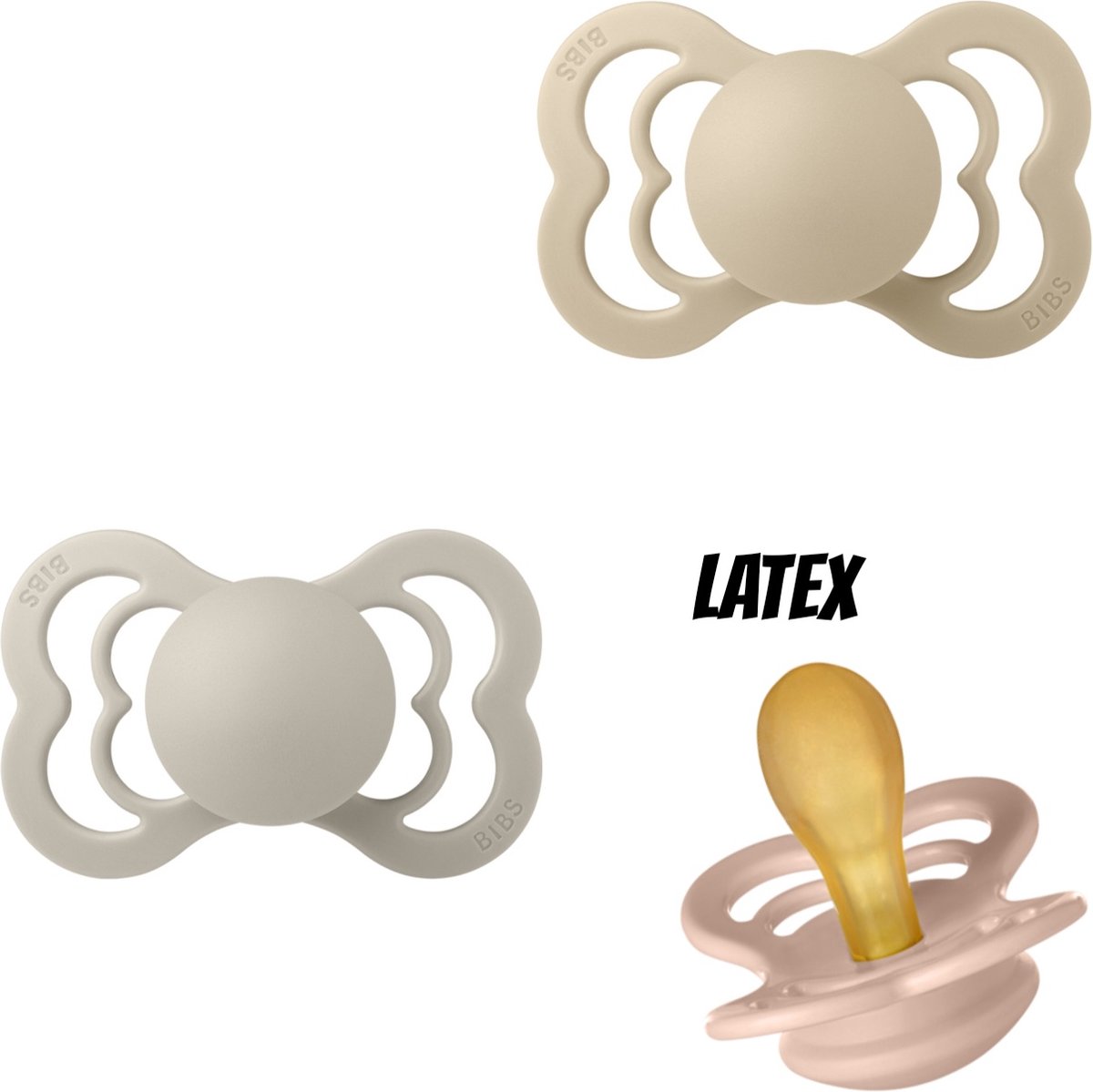 Goedkoopste Bibs Supreme Latex Fopspeen 0-6 maand set 3 stuks Vanilla,Sand en blush maat 1