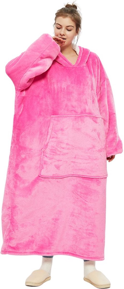 Badrock Roze hoodie blanket Extra Lang 120cm fleece deken met mouwen en capuchon – Oversized hoodie deken met mouwen – Fleece deken – Fleece TV deken – Plaid met mouwen – Warm & zacht – Fleece poncho roze