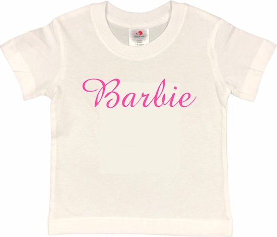 Barbie T-shirt wit met roze Opdruk (maat 98/104)