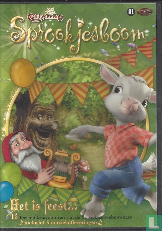 Een vrolijke dvd-cover met de titel 'Sprookjesboom - Het is feest...', met een pratende boom, een kabouter die een harp bespeelt en een geitje in een ruitjesblouse.