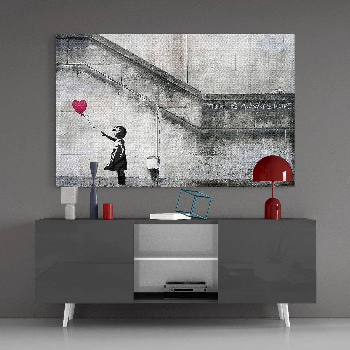Insigne Art Glasschilderij - Graffiti - Vliegend hart - Wanddecoratie - 72x46 cm - 4 mm Grijs