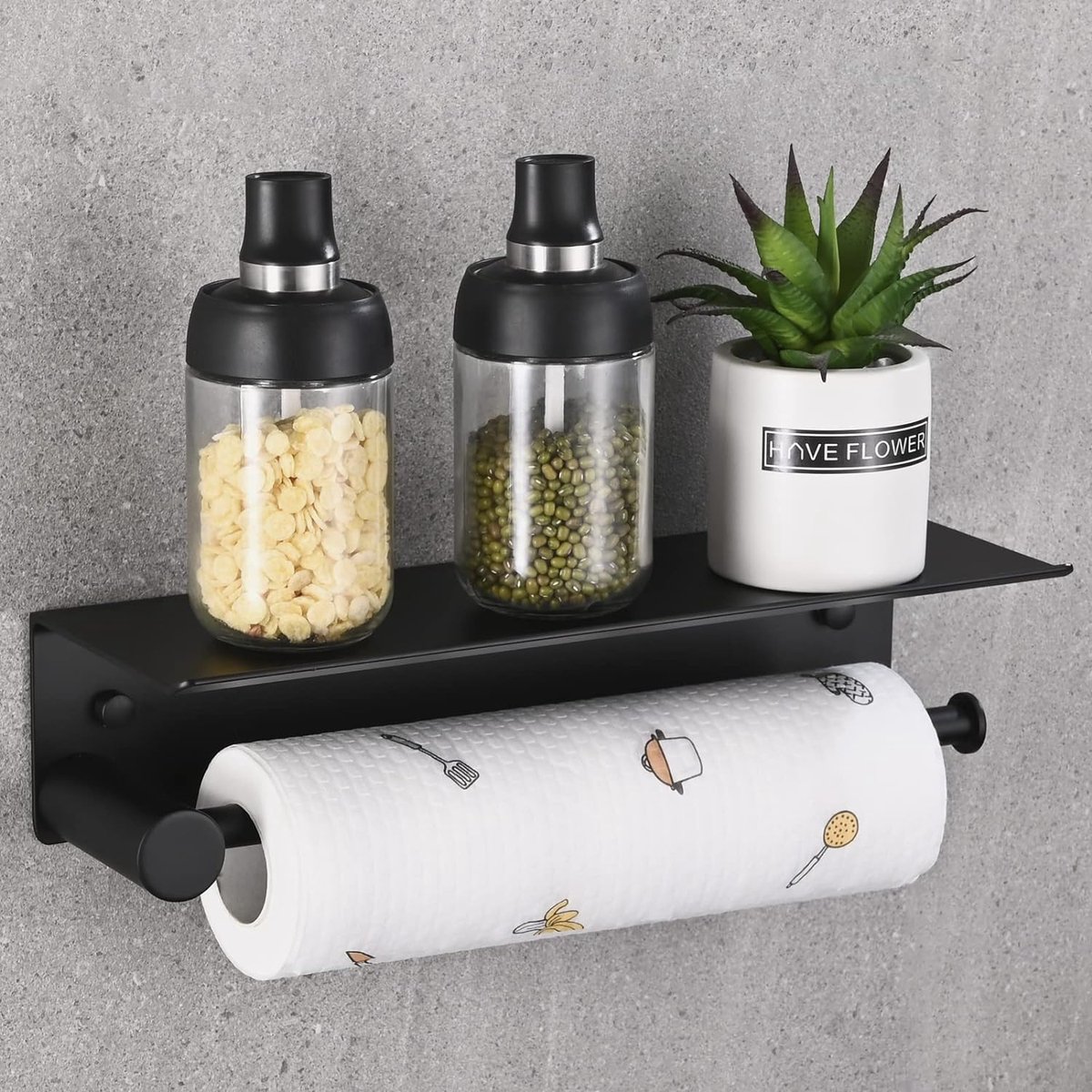Keukenrolhouder voor aan de muur Keukenrolhouder Geen boren voor keukenpapier Aluminium keukenrolhouder met opbergruimte Ruim schap Keukenrolhouder Zwart