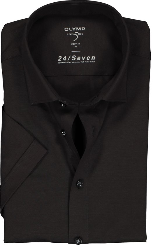 OLYMP Level 5 24/Seven body fit overhemd - korte mouw - zwart tricot - Strijkvriendelijk - Boordmaat: 44