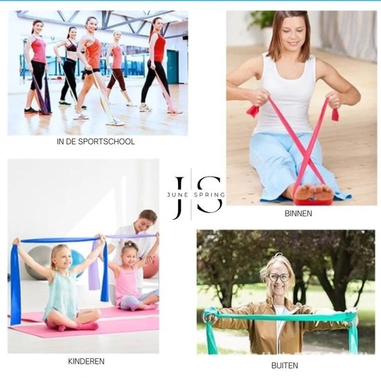 Collage: Vrouwen in de sportschool, zittend, kinderen, buiten. Een vrouw doet oefeningen met een rode band.