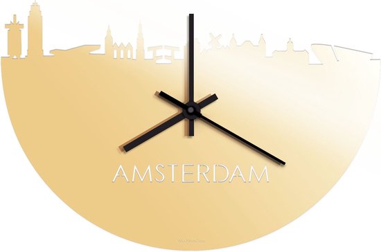 Skyline Klok Amsterdam Goud Metallic - Ø 40 cm - Stil uurwerk - Wanddecoratie - Meer steden beschikbaar - Woonkamer idee - Woondecoratie - City Art - Steden kunst - Cadeau voor hem - Cadeau voor haar - Jubileum - Trouwerij - Housewarming -