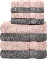 Komfortec Handdoekenset – Set van 8 - 4x Handdoek 50x100 cm en 4x Badhanddoek 70x140 cm - 100% Katoen - Antraciet&Roza