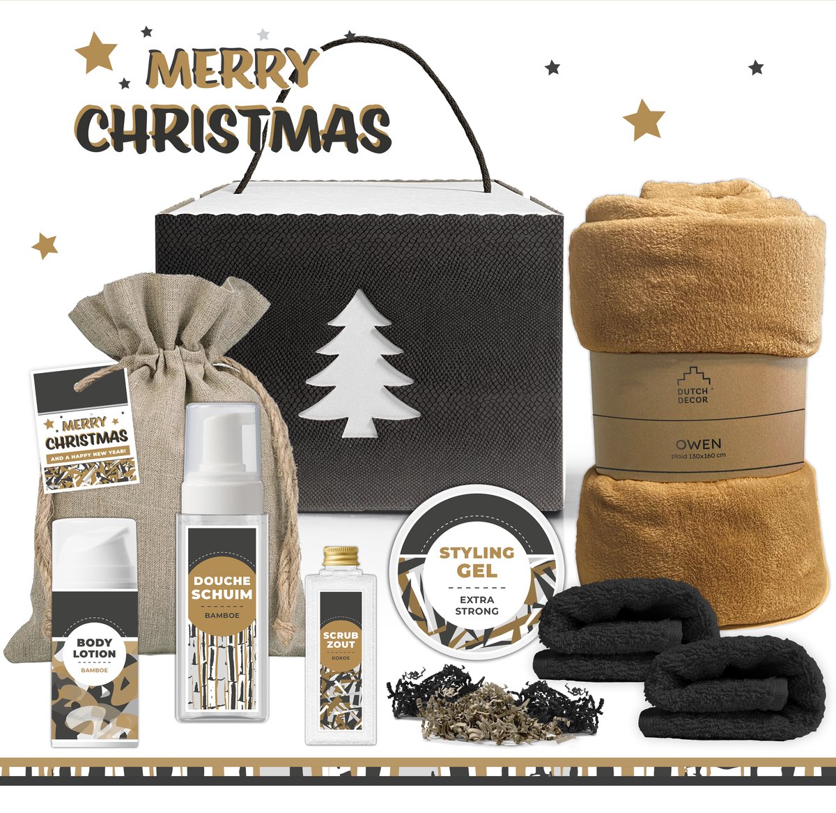 Geschenkset “Merry Christmas!” - 8 producten - 1430 gram | Voor Hem - Kerstgeschenk - Kerstcadeau - Christmas Gift - For Him - Cadeau - Kerst - Kerstpakket - Kerstpakketten - Fijne Kerstdagen - Feestdagen - Broer - Vader - Vriend - Werknemer - Zwart