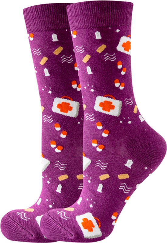 Dames sokken - paars - print dokter - verpleegkundige - rode kruis - 36-40 - cadeau