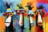 JJ-Art (Canvas) 150x100 | Gekke apen met bril, humor, kleurrijk, abstract, Herman Brood stijl, kunst | dier, aap, blauw, oranje, rood, paars, wit, modern | Foto-Schilderij canvas print (wanddecoratie)