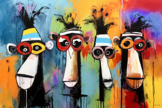 JJ-Art (Canvas) 120x80 | Gekke apen met bril, humor, kleurrijk, abstract, Herman Brood stijl, kunst | dier, aap, blauw, oranje, rood, paars, wit, modern | Foto-Schilderij canvas print (wanddecoratie)