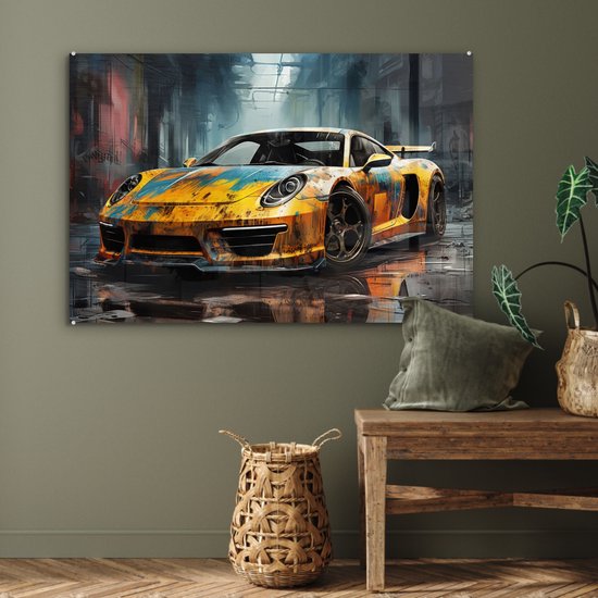 MuchoWow® Glasschilderij 120x80 cm - Schilderij acrylglas - Auto - Geel - Verf - Abstract - Foto op glas - Muurdecoratie woonkamer - Wanddecoratie slaapkamer - Schilderijen