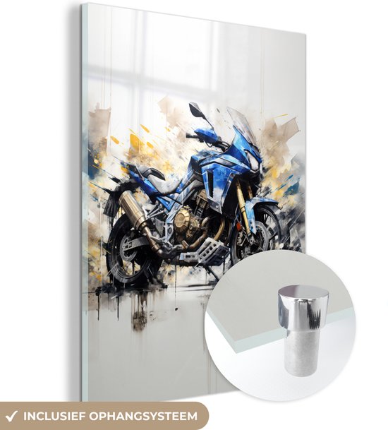MuchoWow® Glasschilderij 30x40 cm - Schilderij glas - Motor - Bike - Graffiti - Pastel - Blauw - Wit - Goud - Foto op acrylglas - Schilderijen