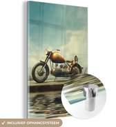 MuchoWow® Glasschilderij 120x180 cm - Schilderij glas - Motor - Bike - Bruin - Vintage - Foto op acrylglas - Schilderijen