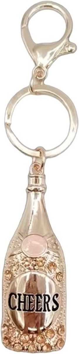 Sleutelhanger Wijnfles Cheers ( Roze Goudkleurig ) 7.5 x 2.6 cm