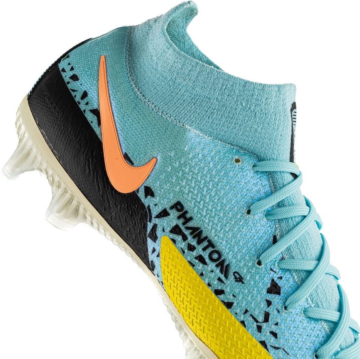 Nike Phantom GT DF Elite FG voetbalschoenen in maat 42.5, met een turquoise bovenwerk en opvallende oranje en gele details.
