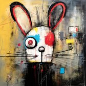 JJ-Art (Glas) 60x60 | Konijn, abstract, Joan Miro stijl, humor, kunst | dier, rood, geel, blauw, wit, modern, vierkant | Foto-schilderij-glasschilderij-acrylglas-acrylaat-wanddecoratie