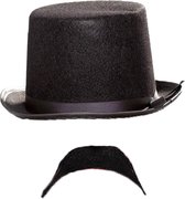 Carnaval verkleed set Charles - Aristoctaat/Gentleman - Hoge hoed met plaksnor - Heren kostuum accessoires