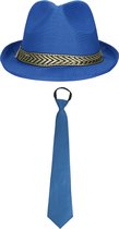 Toppers - Carnaval verkleedset Blueman - hoed en party stropdas - blauw - heren/dames - verkleedkleding accessoires