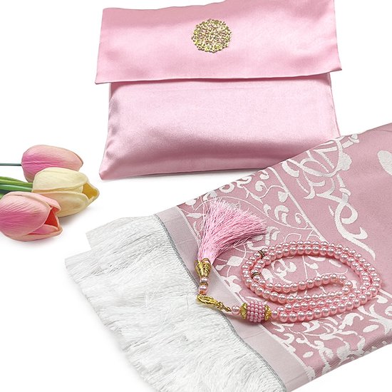 Al Quds Gebedskleed - Compleet met Tas en Tasbih - Zachte Stof en Luxe Uitstraling - Seccade - Geschenkset - Kleur Roze