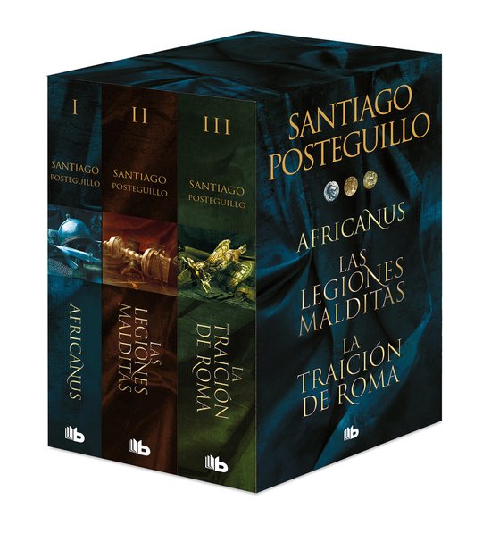 Coffret de trois livres, 'Africanus', 'Las Legiones Malditas' et 'La Traición de Roma' par Santiago Posteguillo.