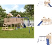 vidaXL Speeltorens met brug - 356 x 589 x 214 cm - massief grenenhout - blauwe schommel en glijbaan - geschikt voor kinderen van 3-8 jaar - Speeltoestellencombinatie