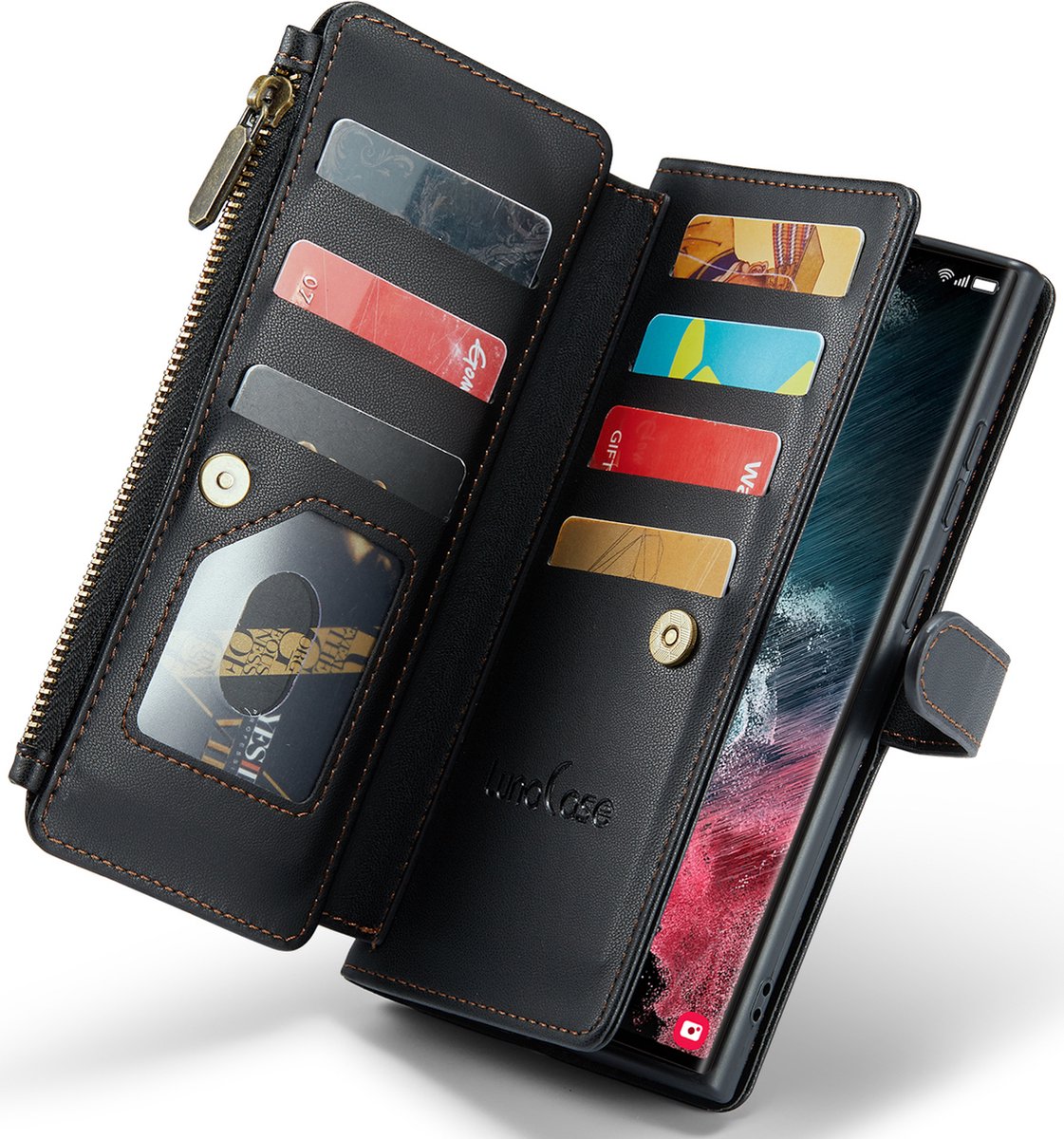Hoesje geschikt voor Samsung Galaxy S22 Ultra - ZipCase Book Cover Case Kunstleer Obsidiaan Zwart