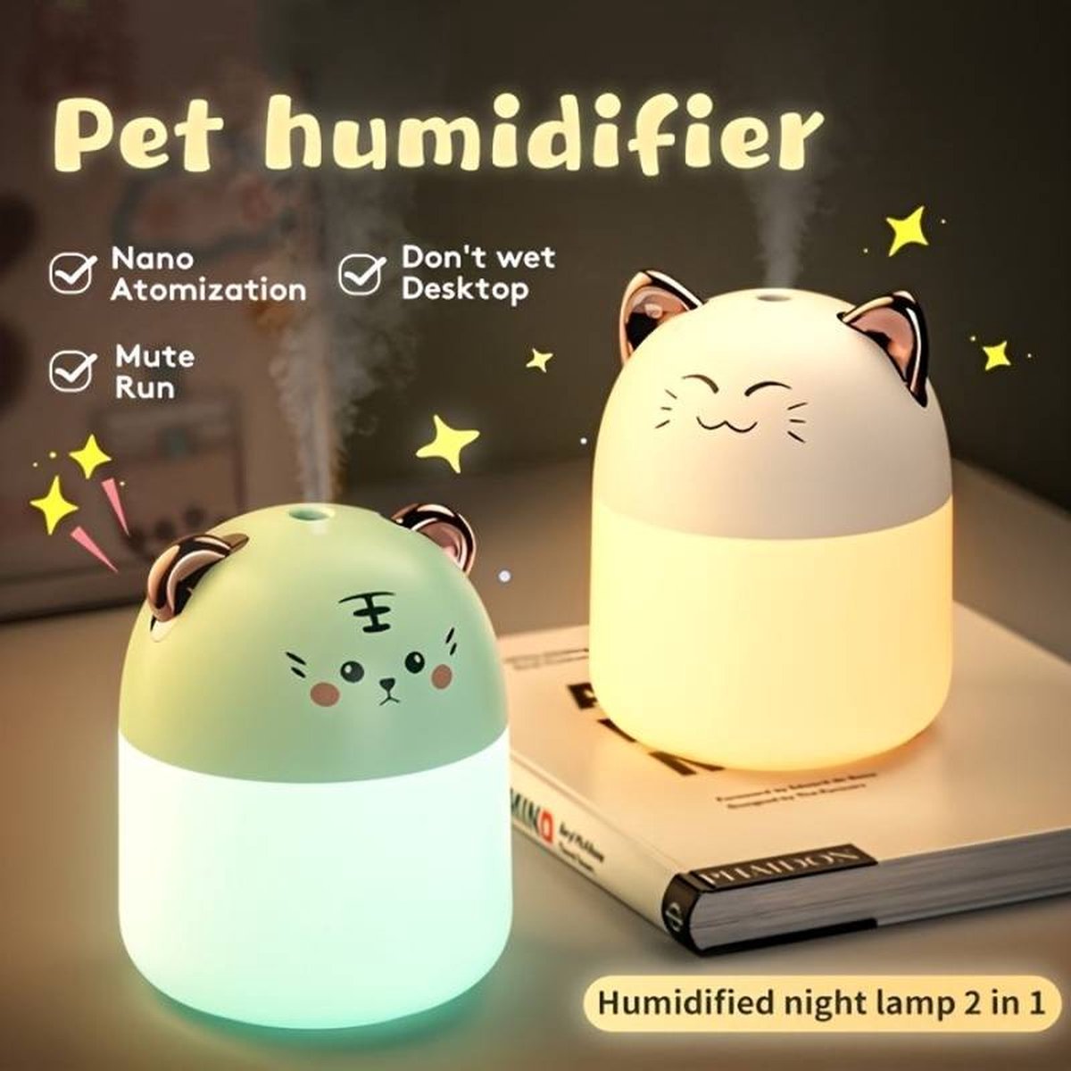 Bonta Luchtbevochtiger - Kat gezichtje - Geurverspreider - Nachtlampje - Met USB Kabel - Roze