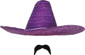 Carnaval verkleed setje - Mexicaanse Sombrero hoed van 59 cm met plak nepsnor - paars - heren